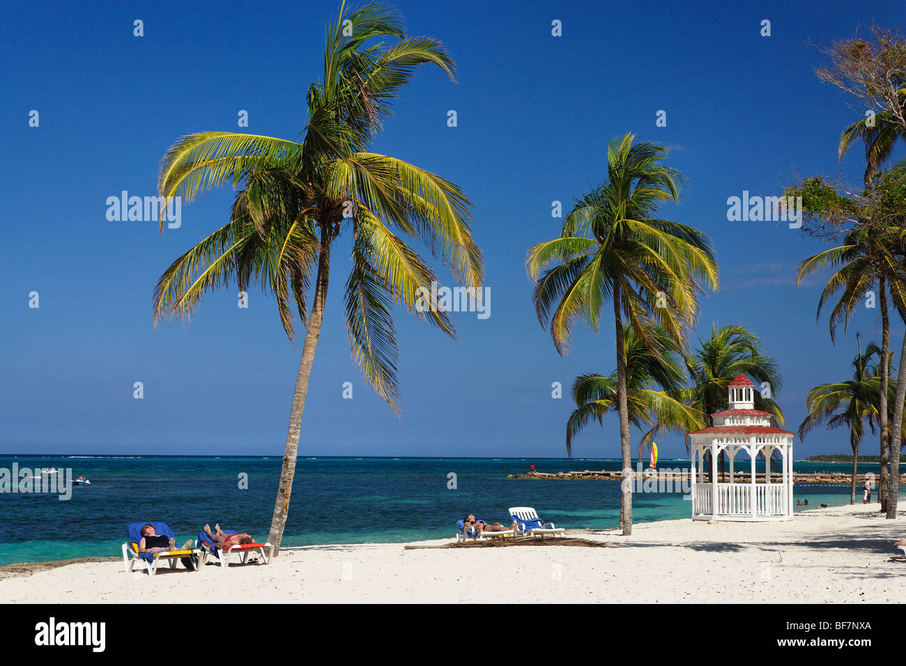 Pavilion at sandy beach, Guardalavaca, Holguin, Cuba, West Indies Stock ...