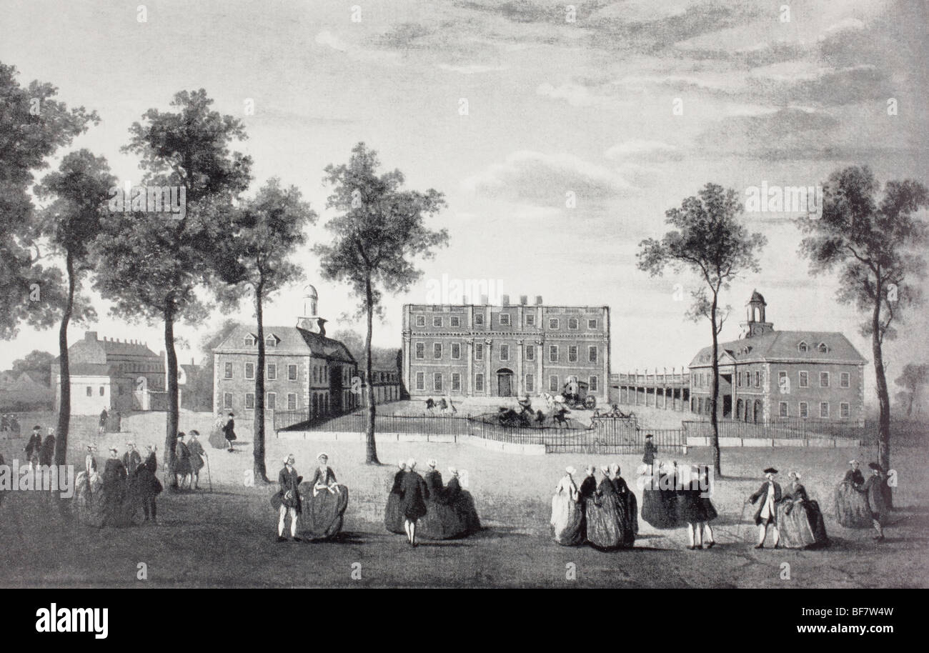 Buckingham House as it was circa 1750. After a contemporary oil painting. The house was the core of today's palace. Stock Photo