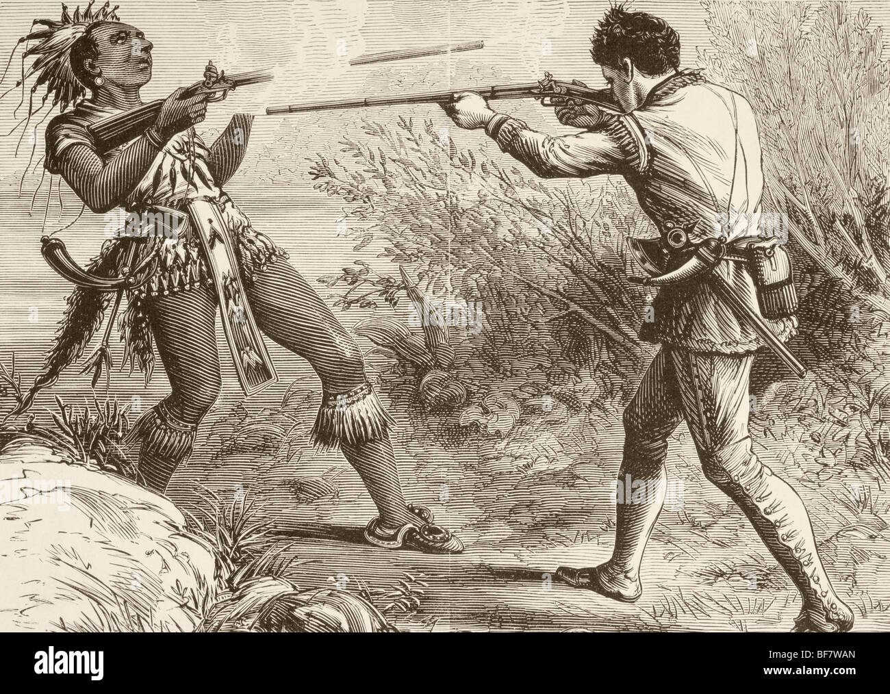 In 1725, during Lovewell's Fight, an incident in Dummer's War, the Indian chief Paugus is killed by an English militiaman. Stock Photo