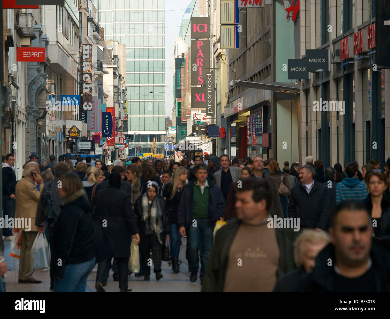 The Nieuwstraat in Brussels, the main shopping street, with many people. Belgium Stock Photo