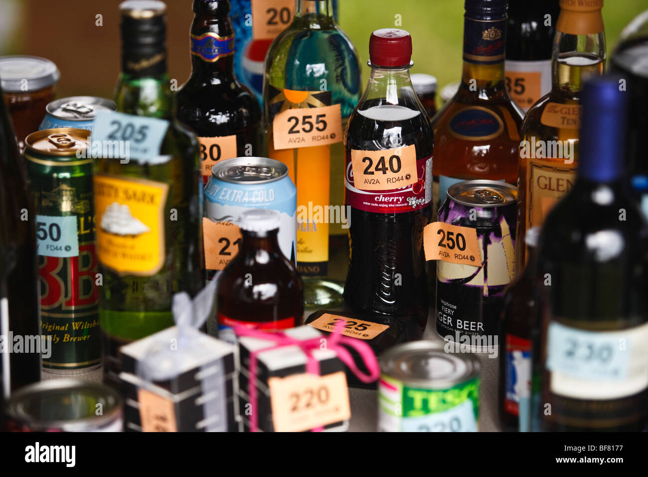 Tombola raffle prizes at Eastleach Turville village fete, Gloucestershire, UK Stock Photo