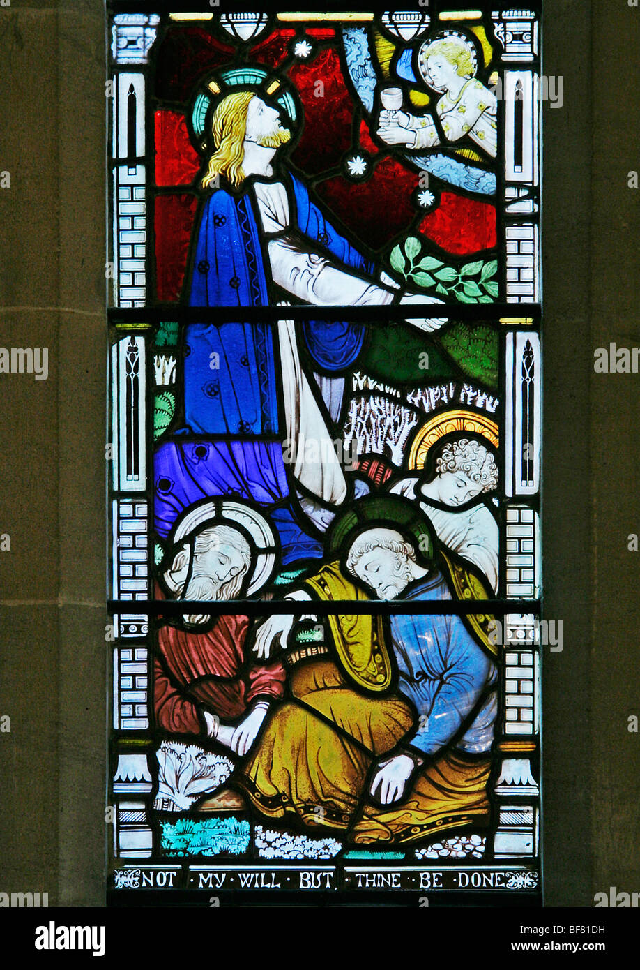 A stained glass window by Clayton and Bell depicting The Agony in the Garden, Church of St Mary, South Tidworth, Wiltshire Stock Photo