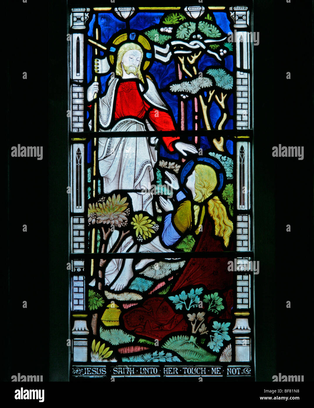 A stained glass window depicting St John 20:17; Christ appears to Mary Magdalene, Church of St Mary, South Tidworth, Wiltshire Stock Photo