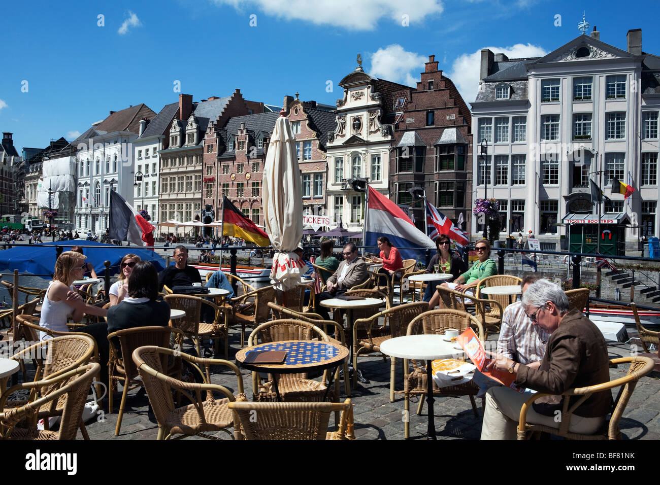 Cafe along the Graslei in Ghent Stock Photo