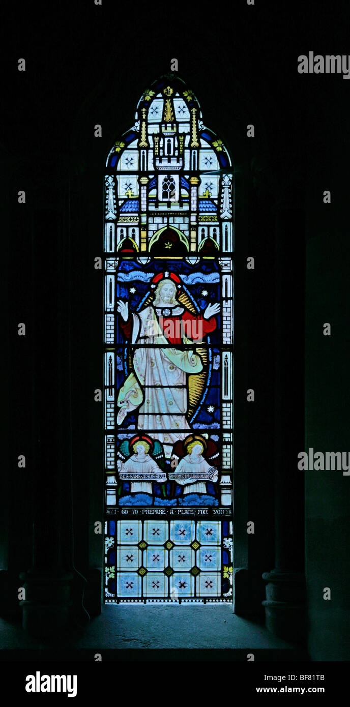 A stained glass window depicting The Ascension,  Church of St Mary, South Tidworth, Wiltshire Stock Photo