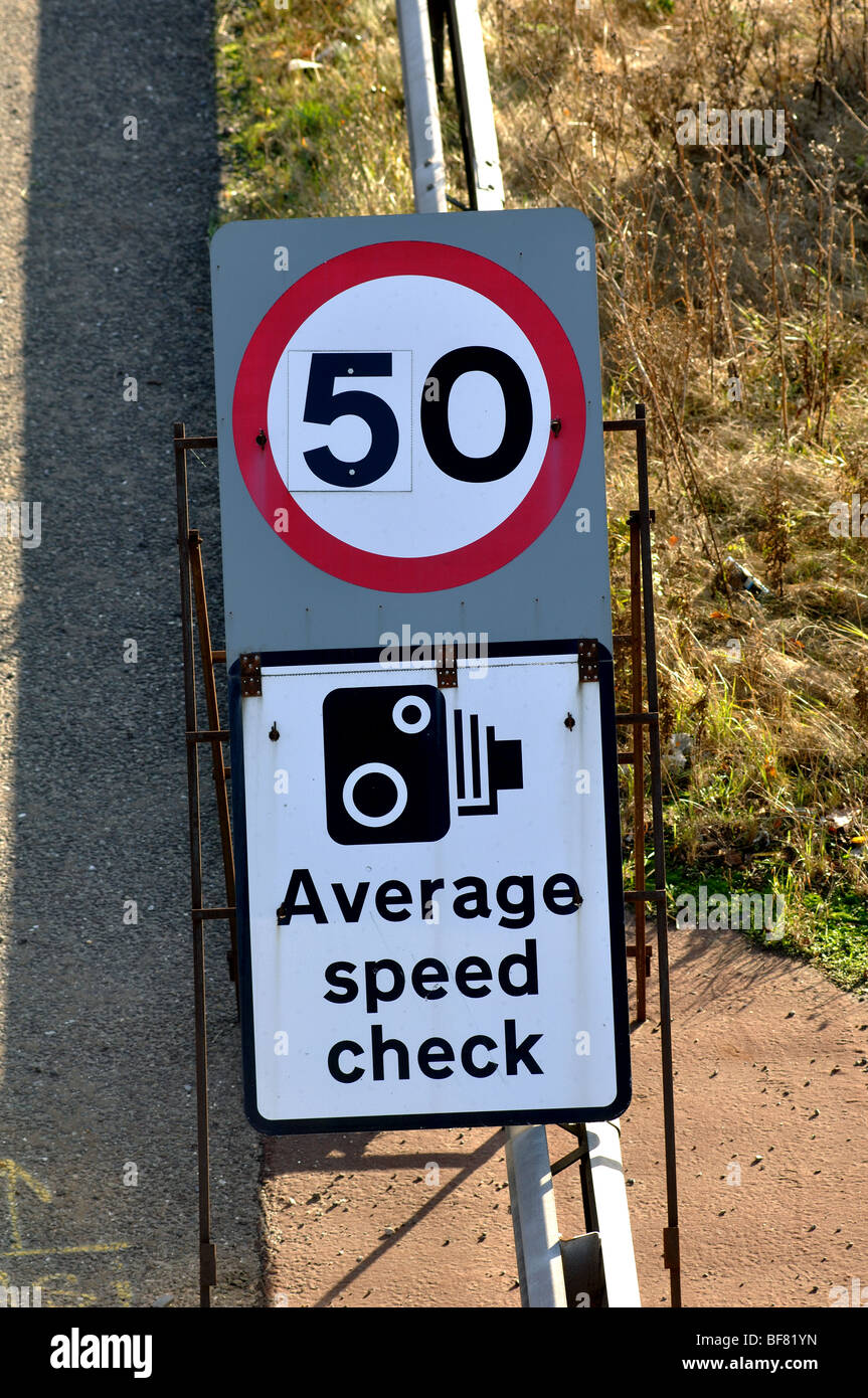 Average speed check sign on M40 motorway, Warwickshire, England, UK Stock Photo