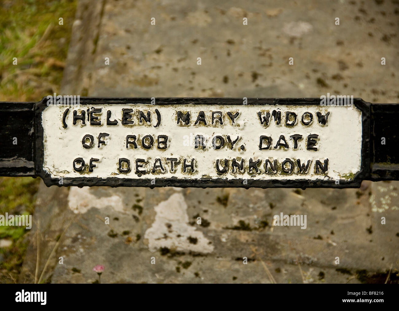 Rob Roys Grave. Closeup of his wife, Helen Mary MacGregor's name plaque on the family grave in Balquhidder. Scotland Stock Photo