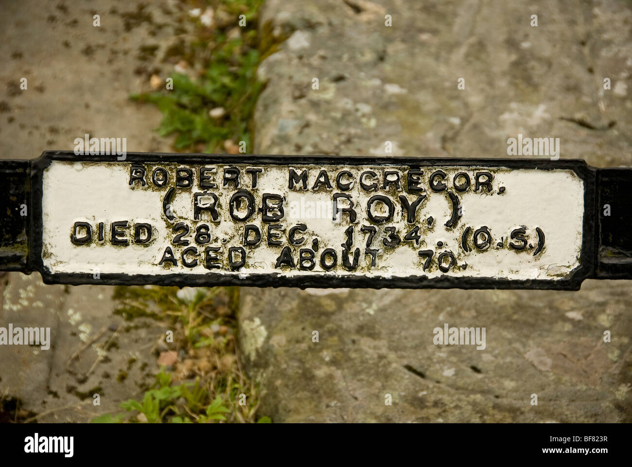 Rob Roys Grave. Closeup of the Robert MacGregor name plaque on family grave. Stock Photo
