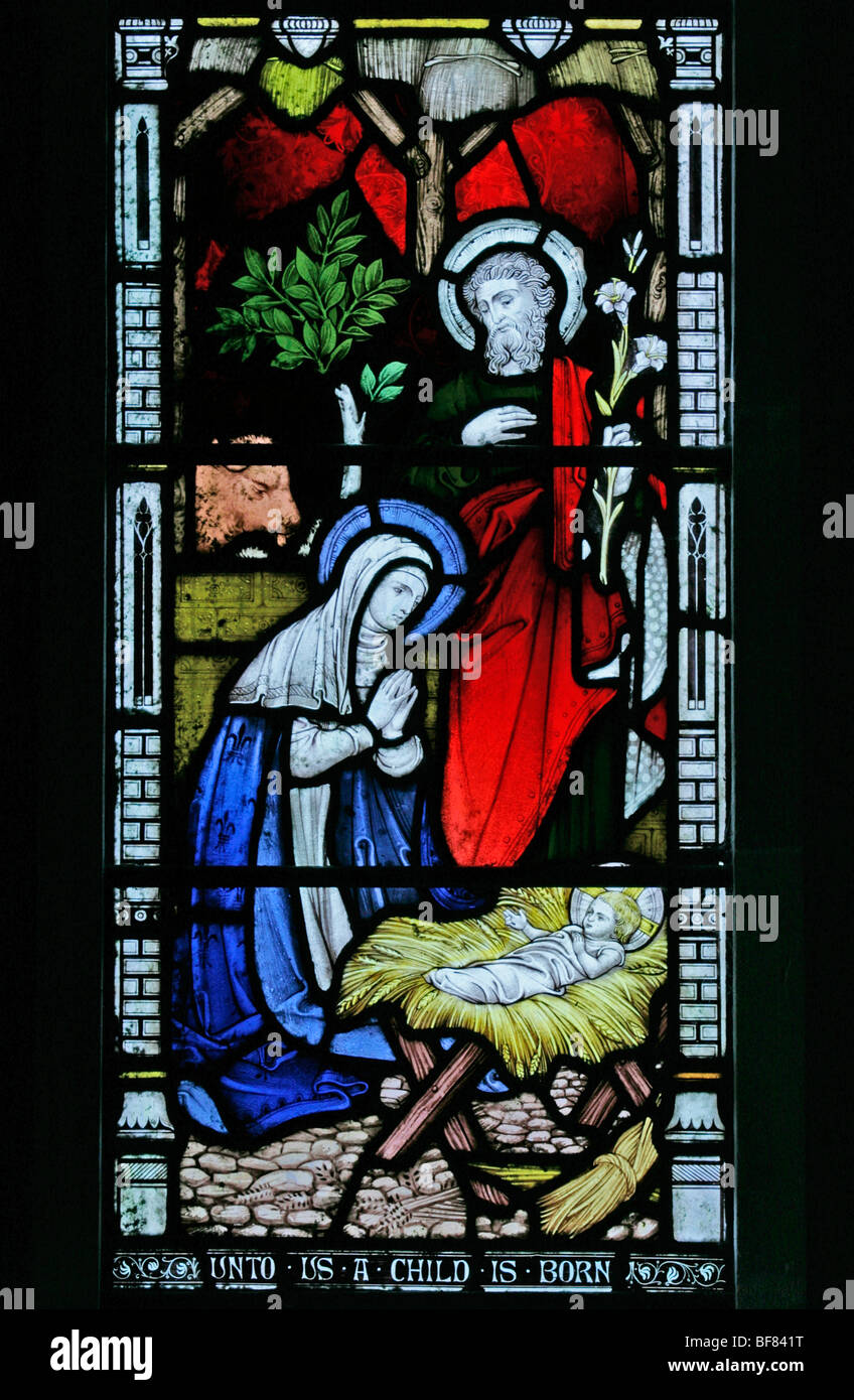 A stained glass window depicting the Nativity, Church of St Mary, South Tidworth, Wiltshire Stock Photo