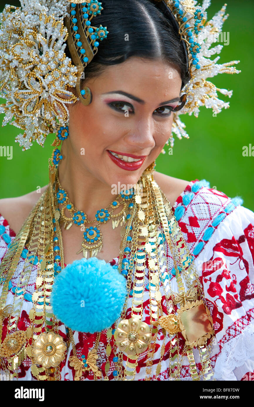 The Pollera, Panama typical dress. Pollera, traje tipico de Panama. Stock Photo