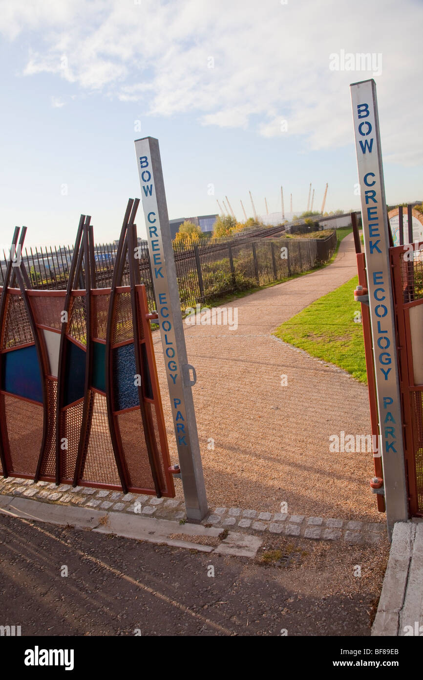 Entrance to Bow creek Ecology Park, East London with the O2 arena in the background. Stock Photo