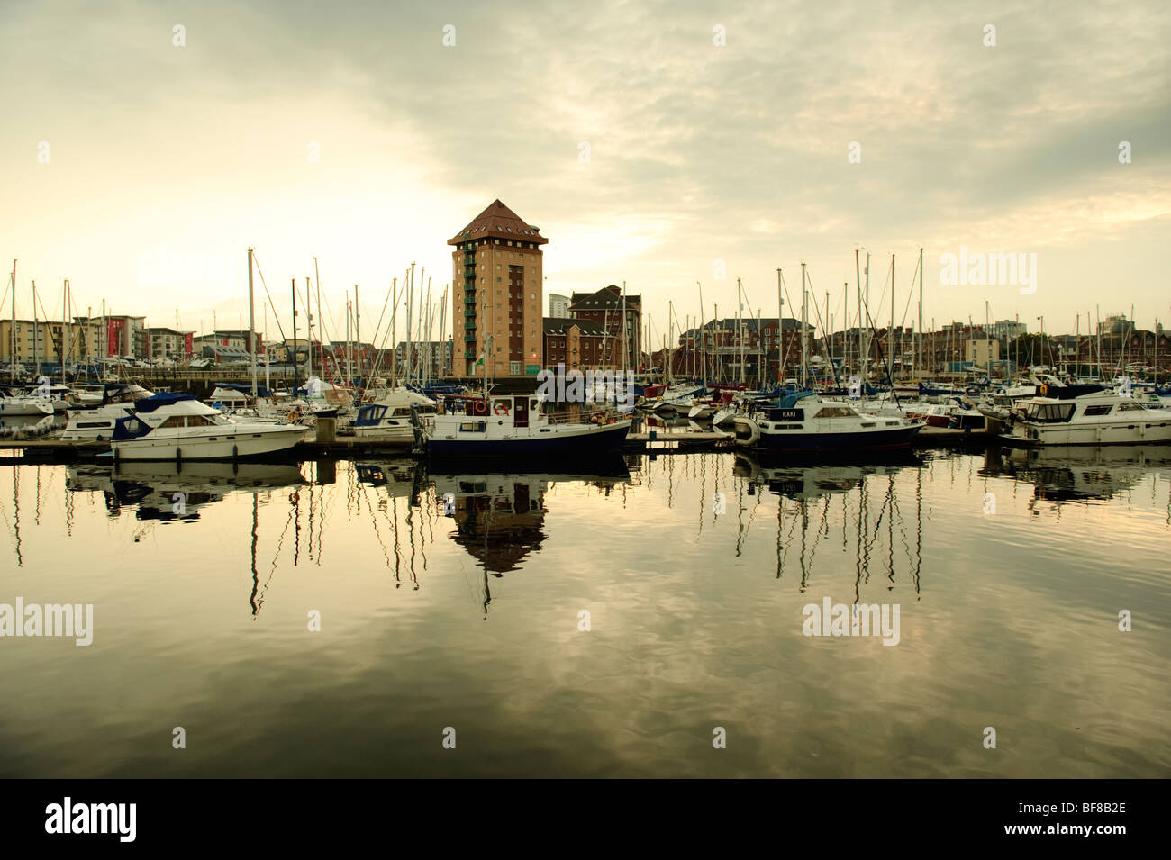 Swansea city SA1 docklands redevelopment zone at night, Wales UK Stock