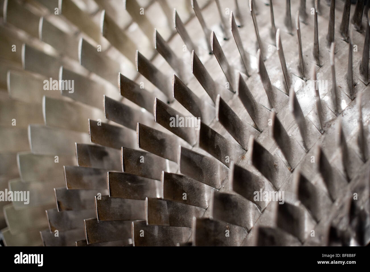 close-up of turbine blades in a high bypass ratio jet engine Stock Photo