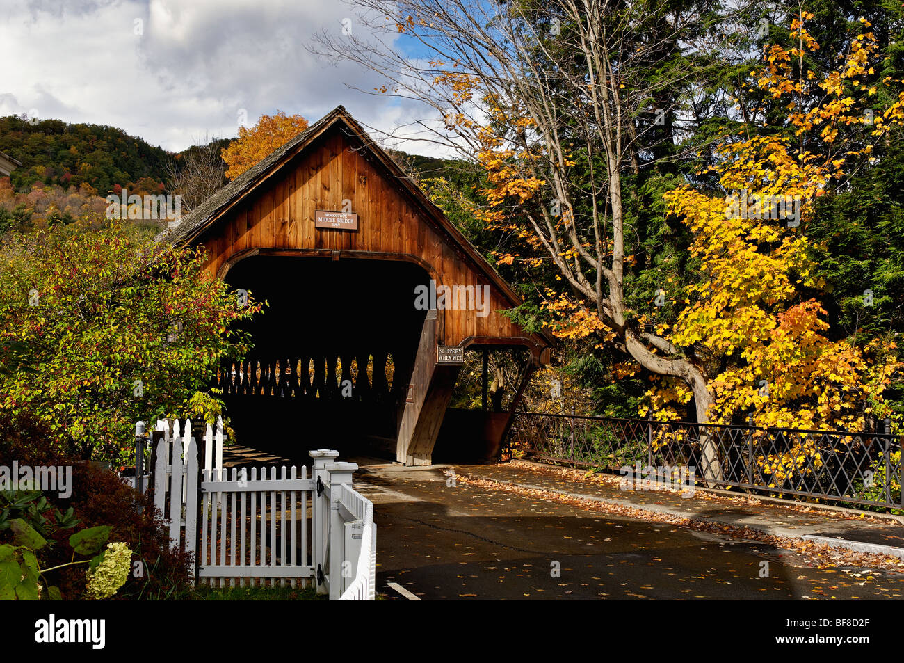 Middle Bridge and Autumn Color in Woodstock, Vermont Stock Photo - Alamy