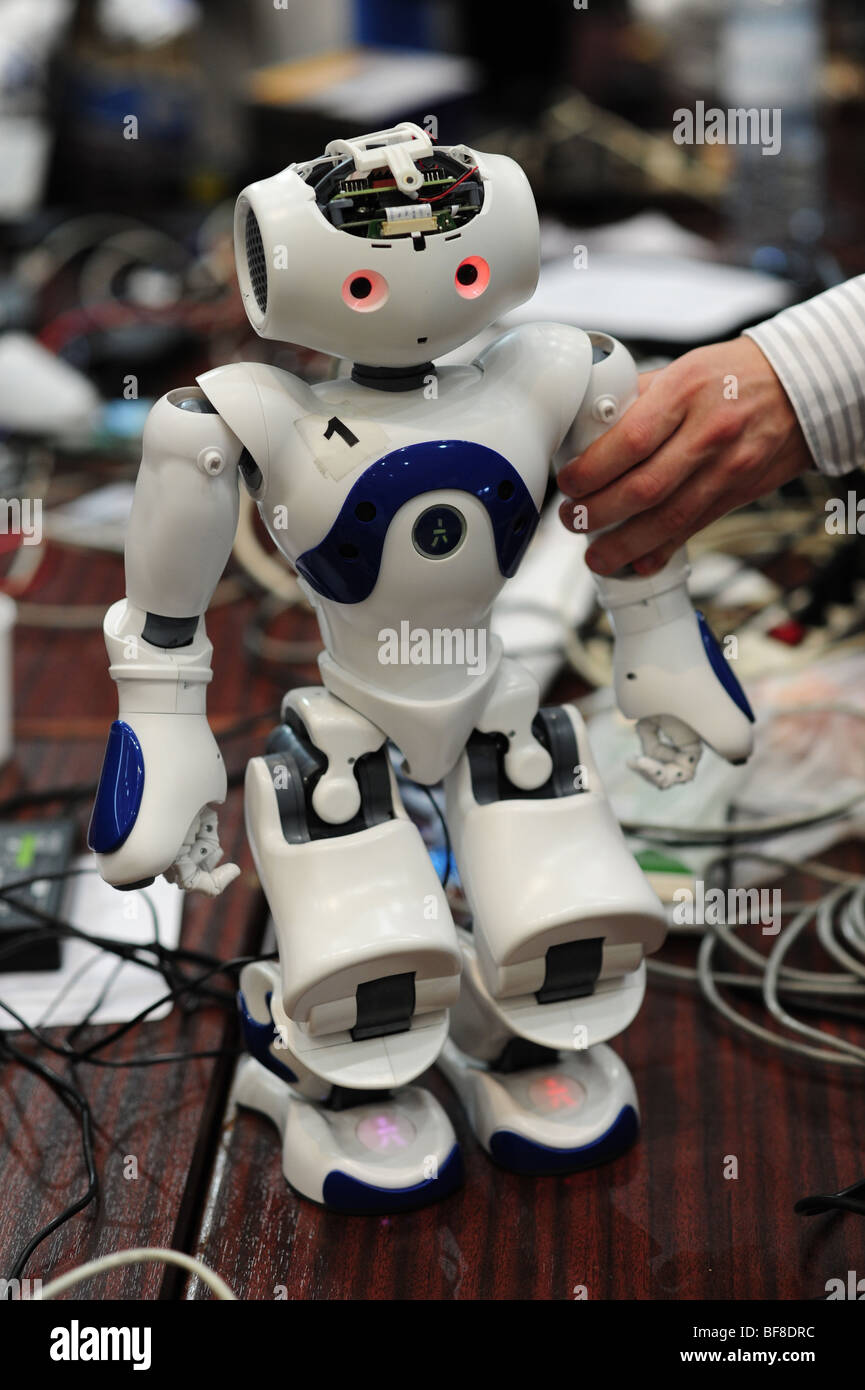RoboCup 2009, Graz, robot world championship, robotics, humanoid, Nao-robot, Human-Robot-Interaction Stock Photo