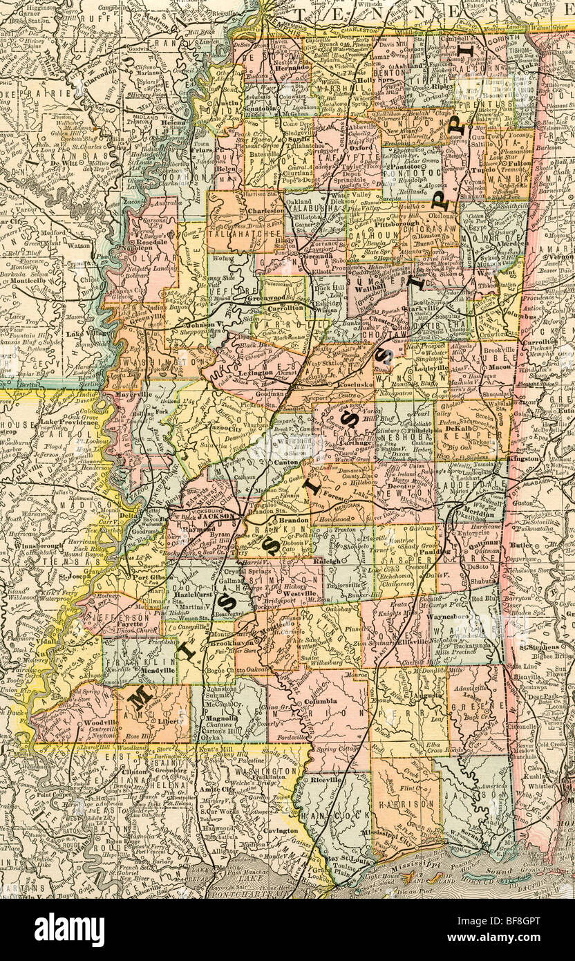 Original Old Map Of Mississippi From 1884 Geography Textbook Stock ...