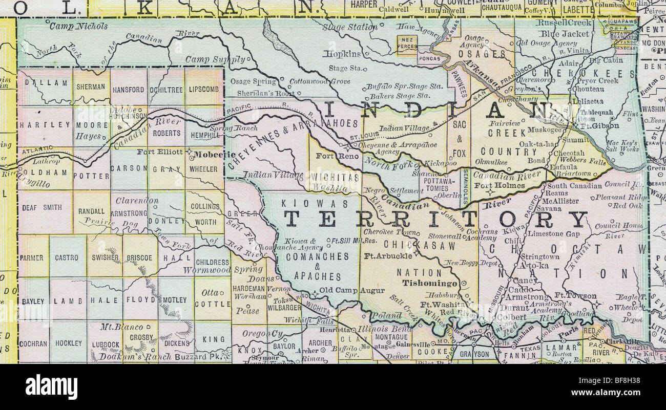 Original old map of Oklahoma Indian Territory from 1884 geography textbook Stock Photo