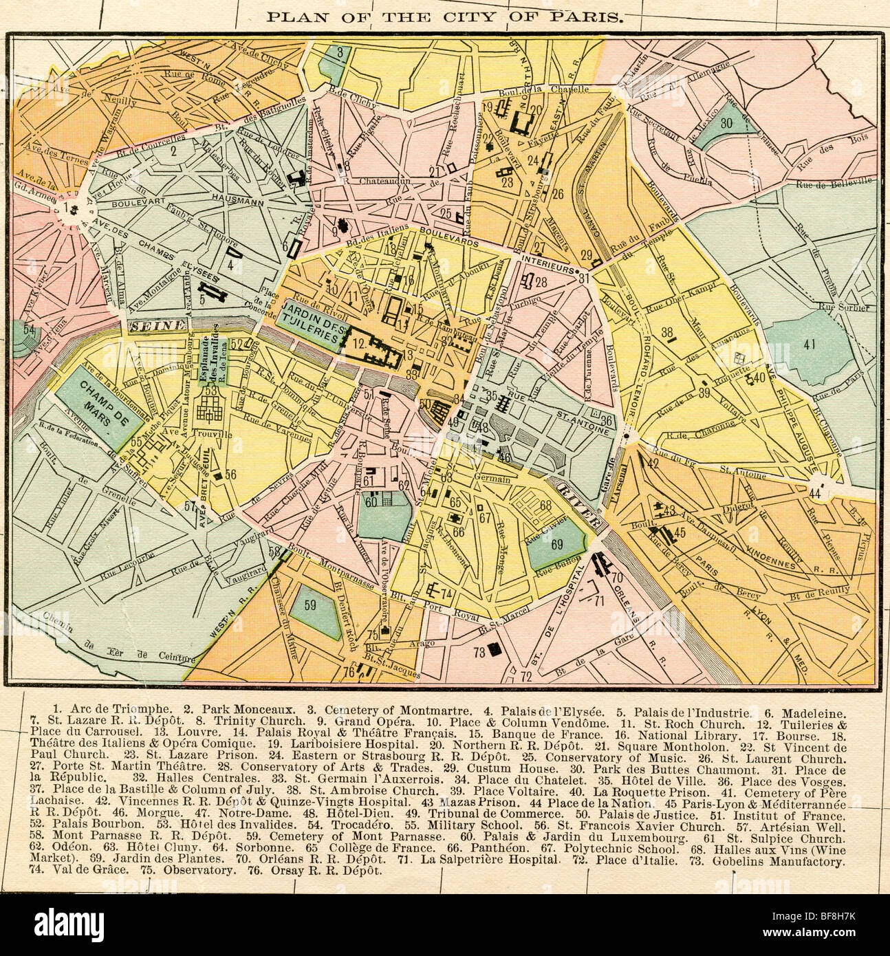 Original old map of Paris from 1884 geography textbook Stock Photo