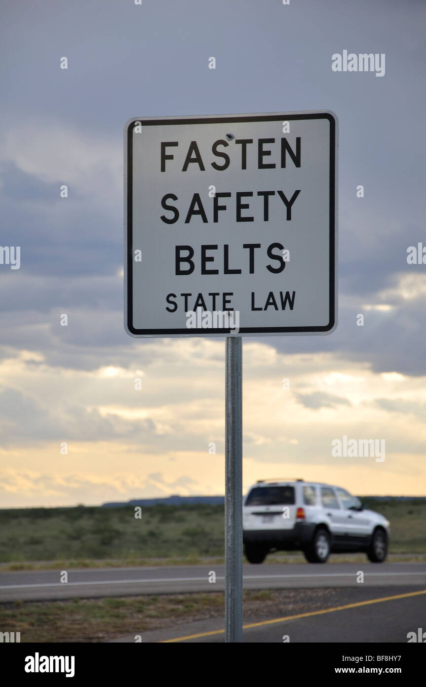 "Fasten Safety Belts State Law" road sign, USA Stock Photo Alamy