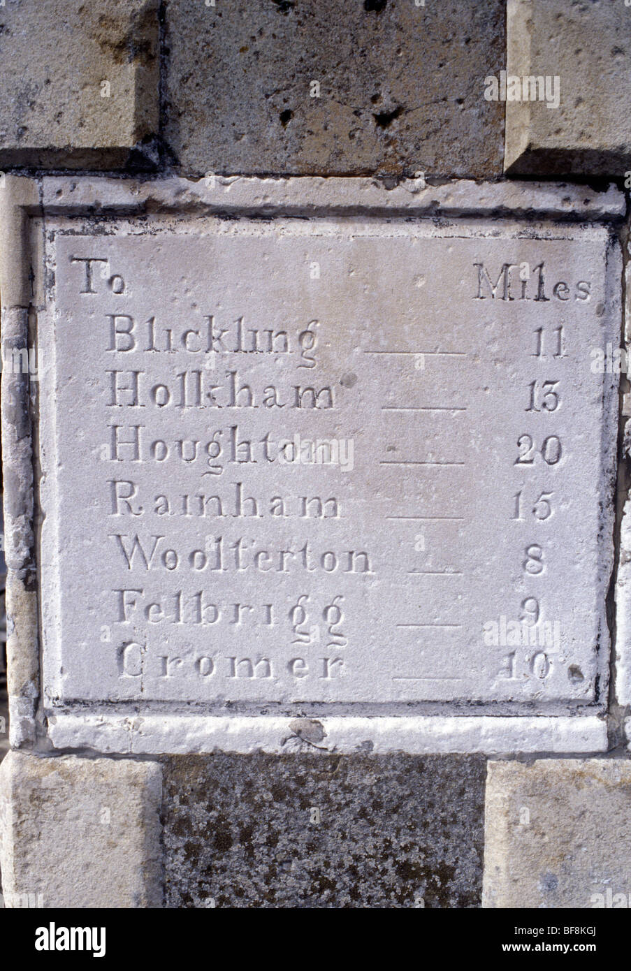 Holt Norfolk UK. milestone obelisk, showing miles measured from town to nearby estates