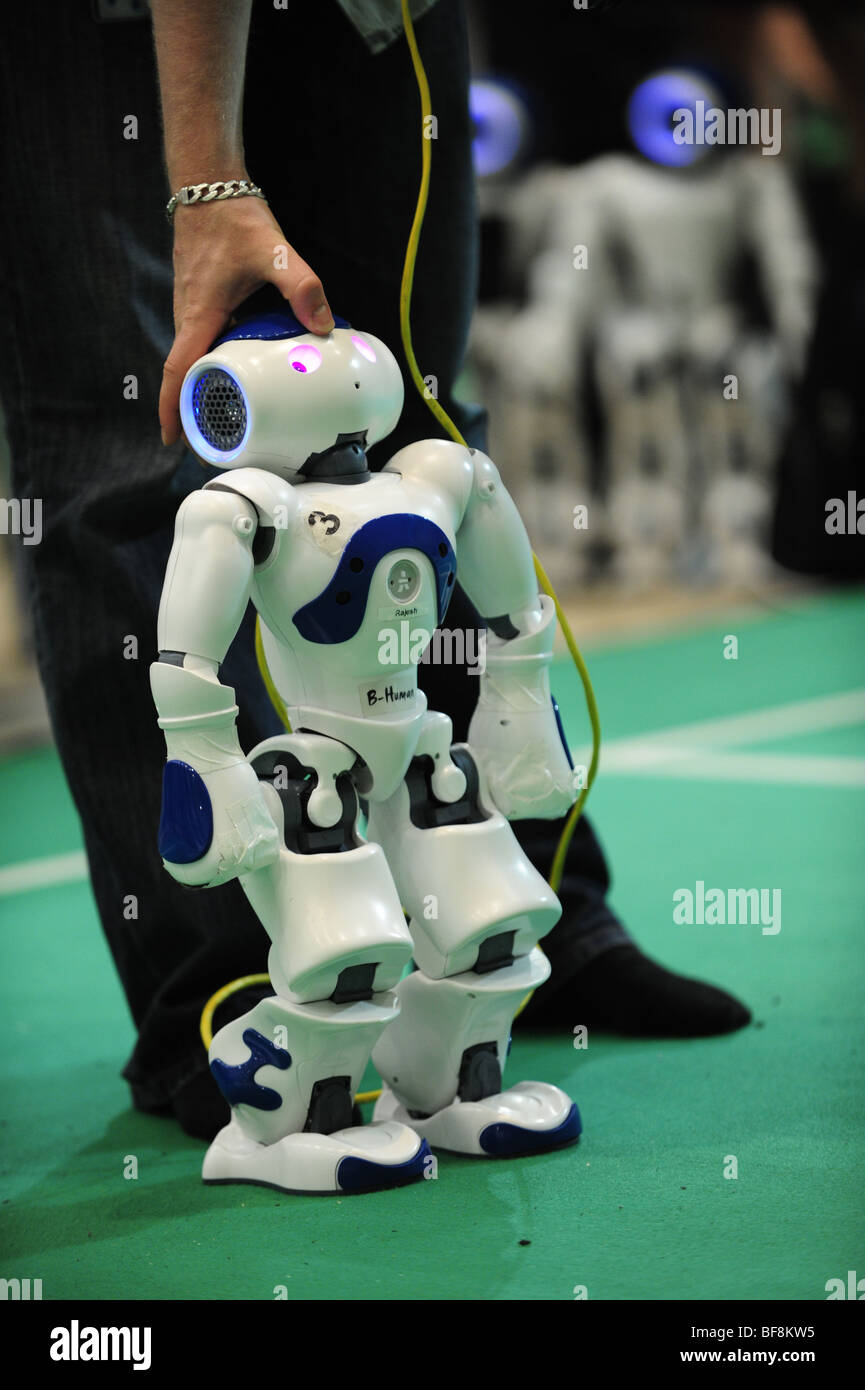 RoboCup 2009, Graz, robot world championship, robotics, humanoid, Nao-robot, Human-Robot-Interaction Stock Photo