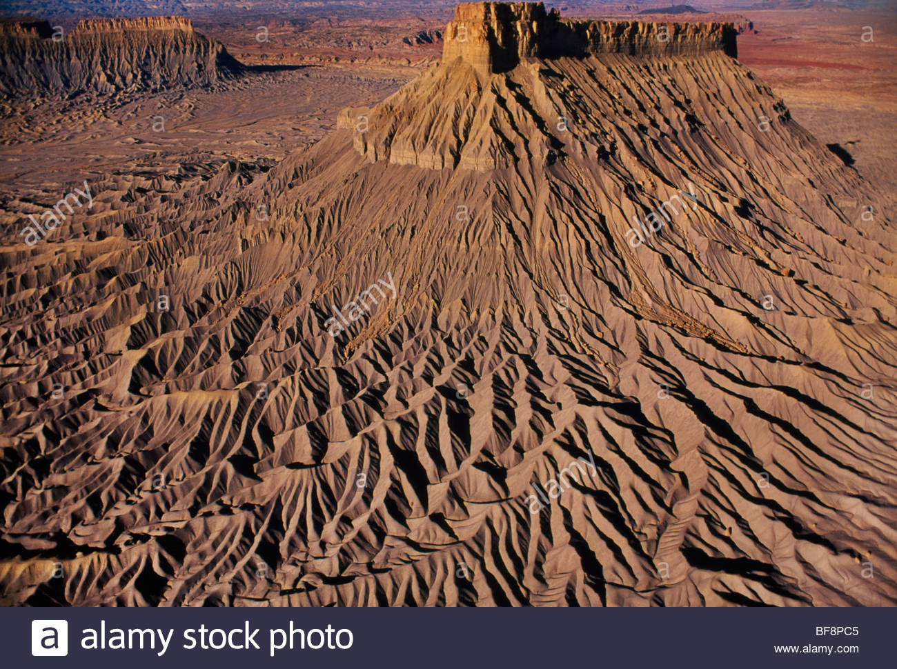 Eroding shale beds, Factory Butte (aerial), San Rafael Swell, Utah