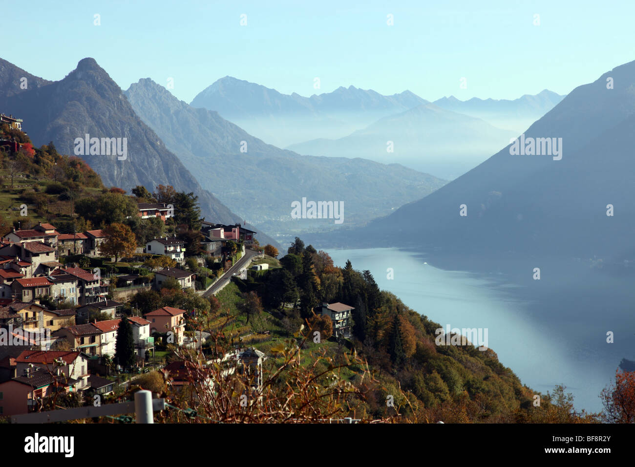 Lake Lugano and Bre village from Monte Bre Stock Photo