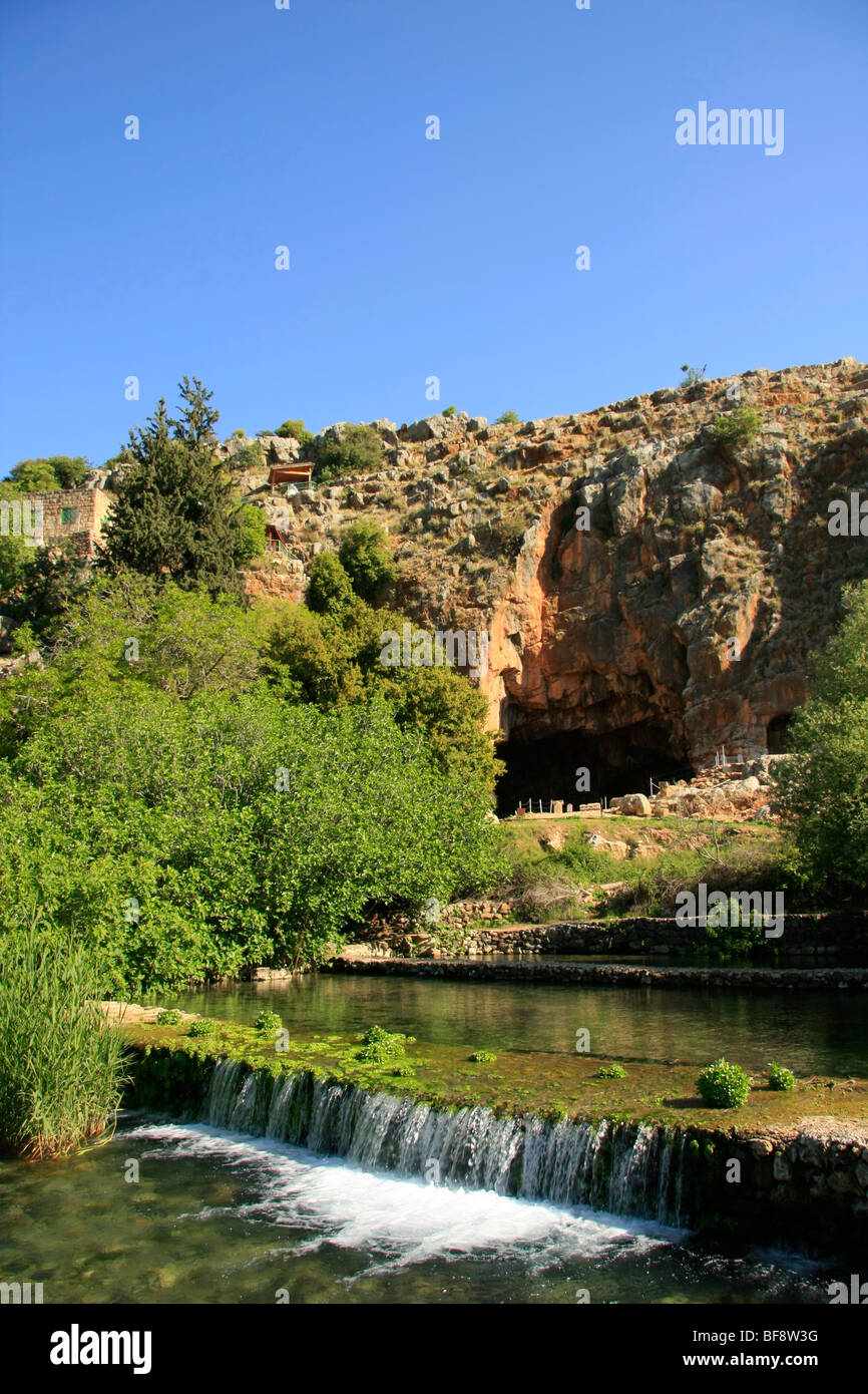 Golan Heights, the Banias stream, a source of the Jordan River, the Grotto of Pan is in the background Stock Photo
