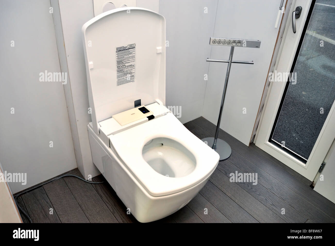 Paris, France, Construction Equipment  Be-Green Eco-House, Bathroom interior Equipment, Electronic Toilet, 'Toto' global green economy concept Stock Photo