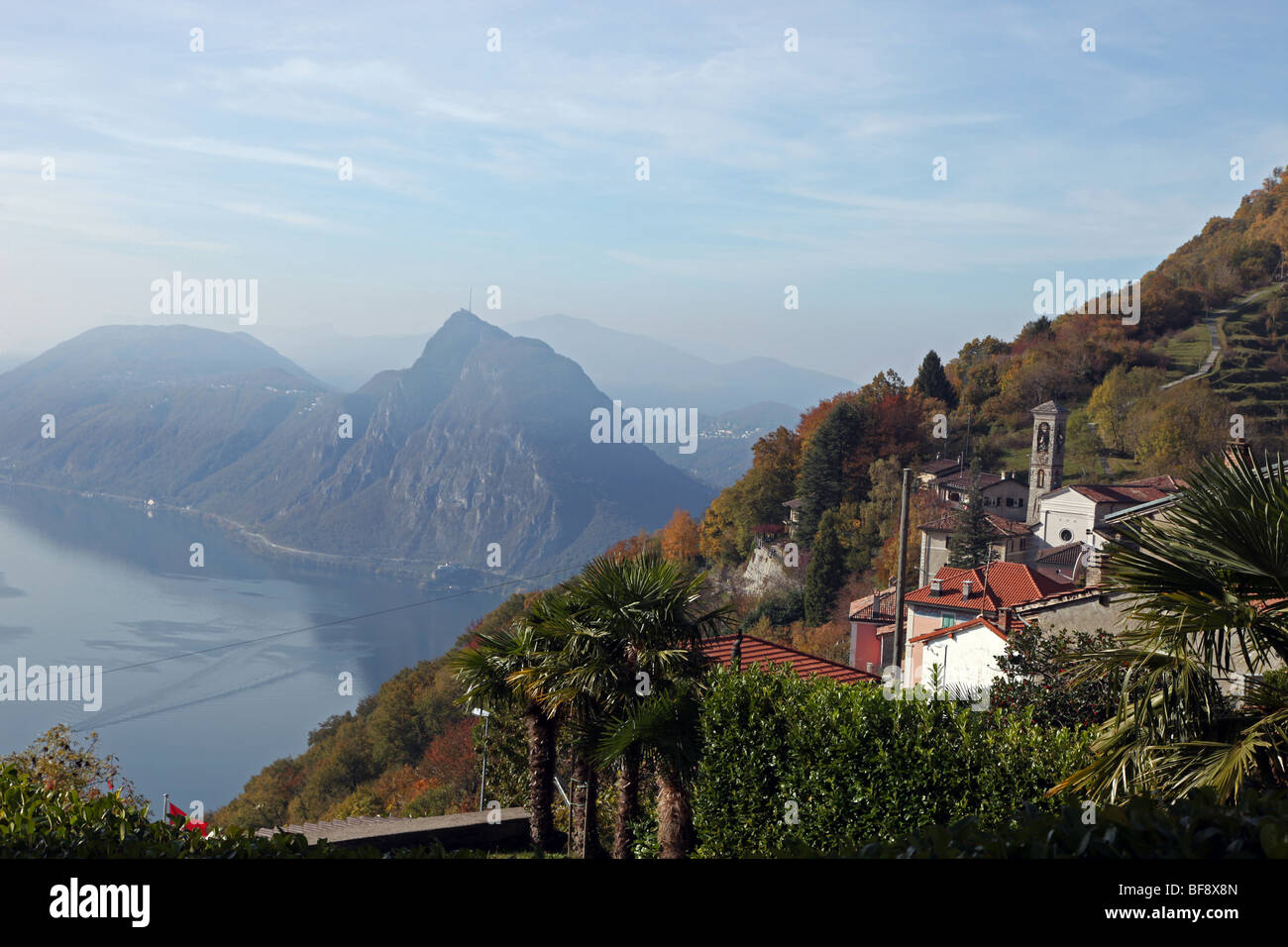 Monte San Salvatore and Lake Lugano seen from Monte Bre Stock Photo