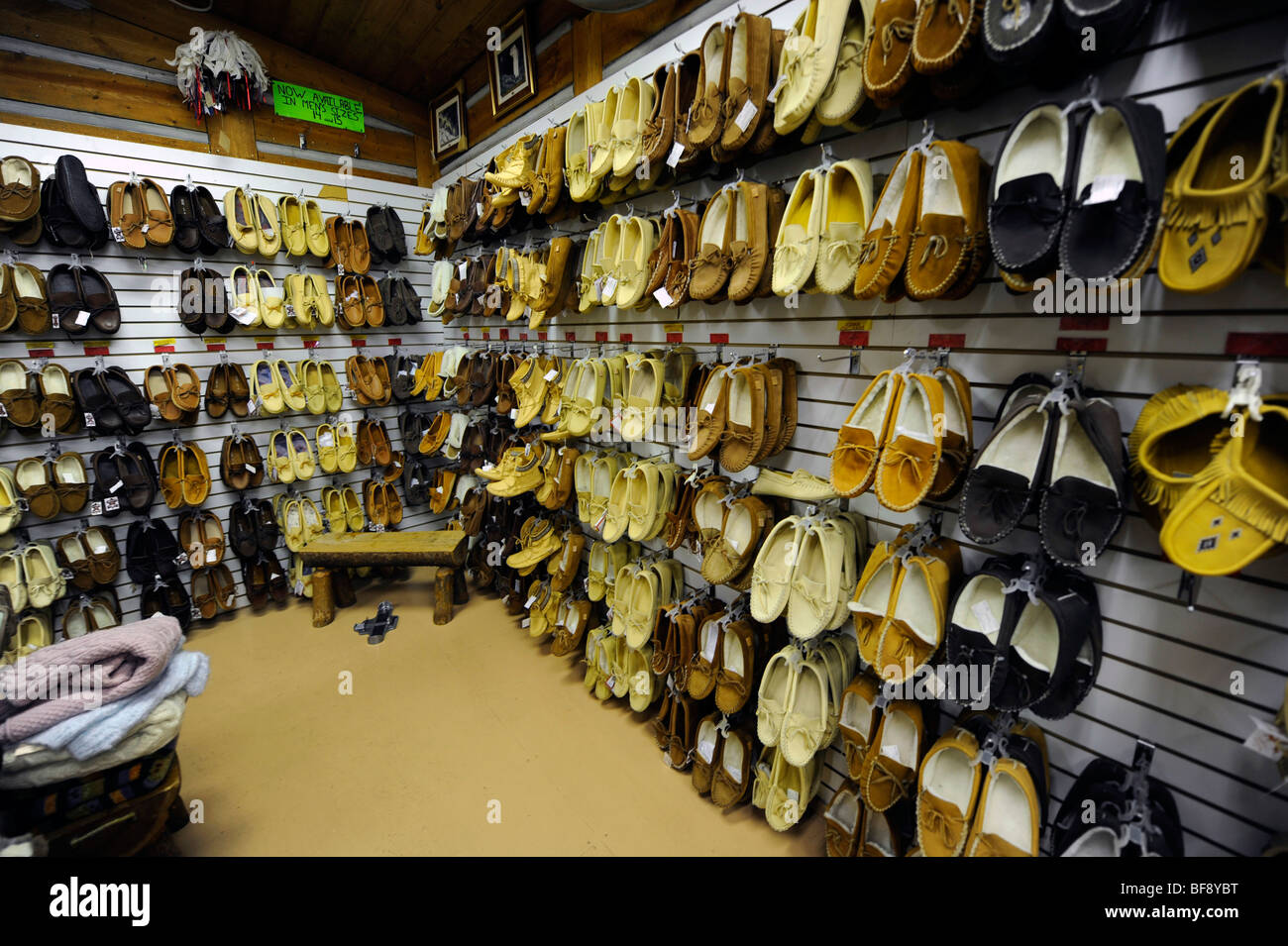 Moccasins on display in Agawa Crafts and the Canadian Carver on Highway 17  Pancake Bay Ontario Canada Stock Photo - Alamy