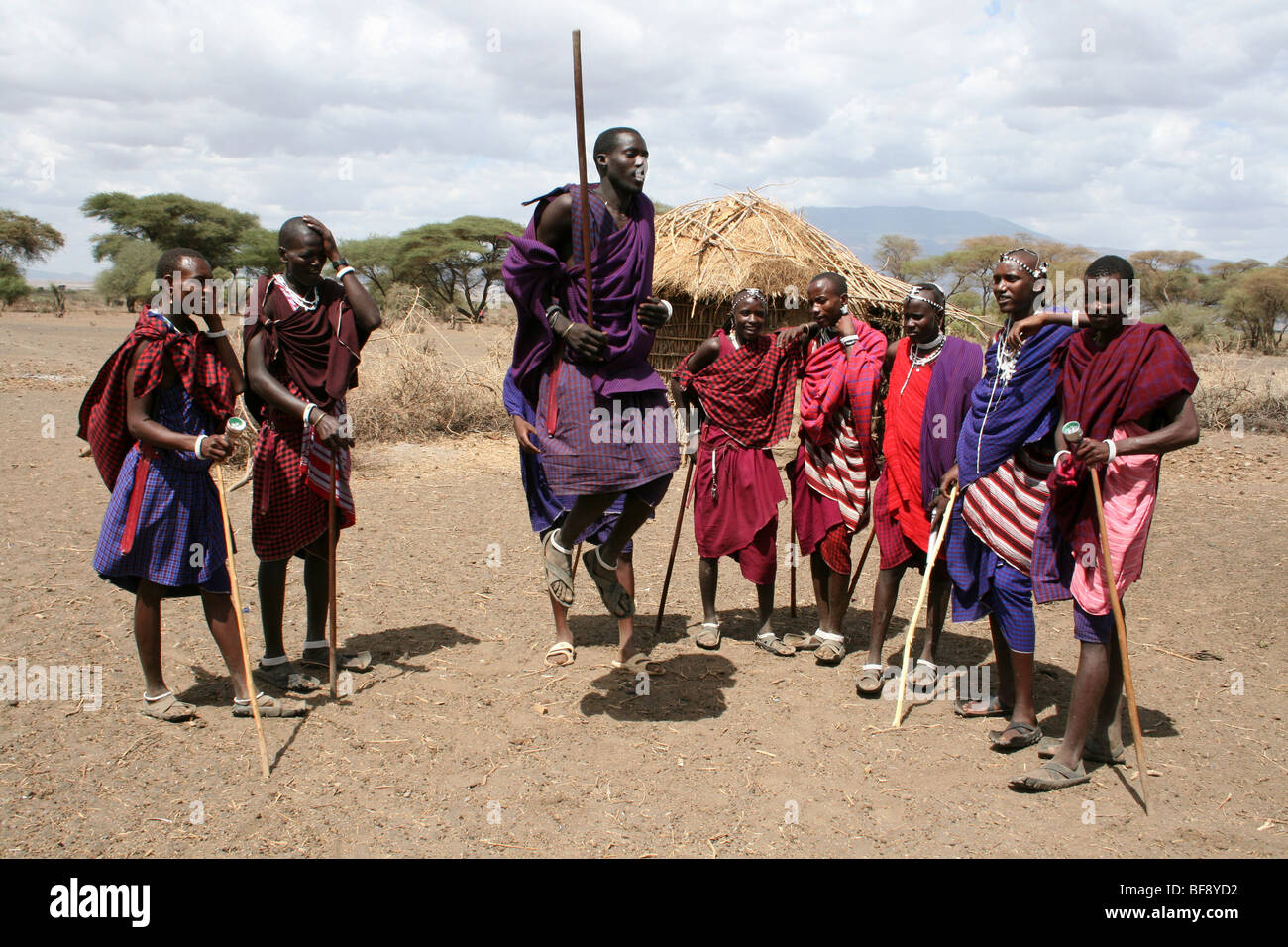 Traditional Masai Dancing In Engaruka Village, Rift Valley, Tanzania Stock Photo