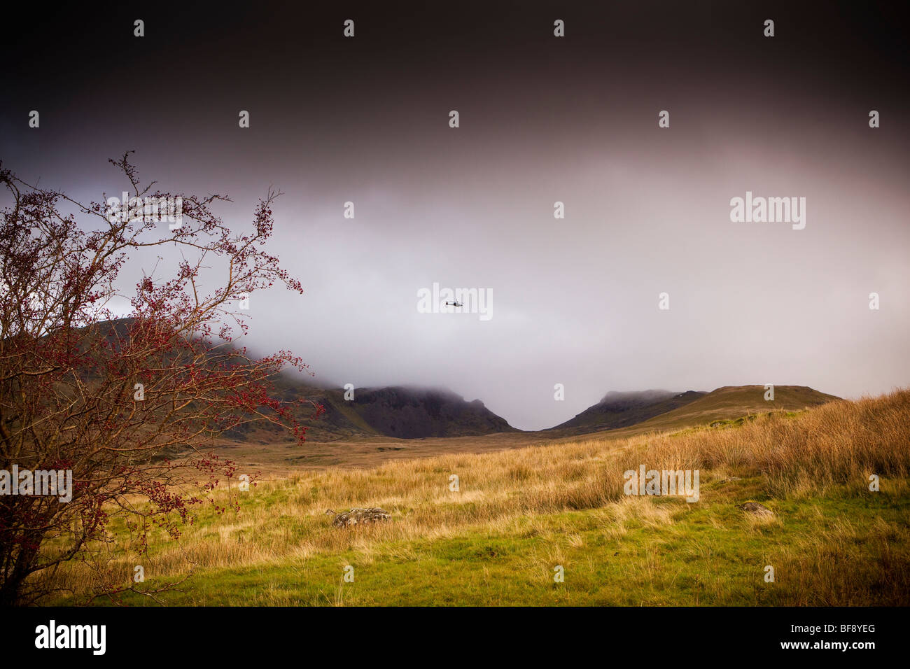 North Wales Snowdonia Croesor Autumn colourful stormy colorful landscape nature Apache helicopter Stock Photo