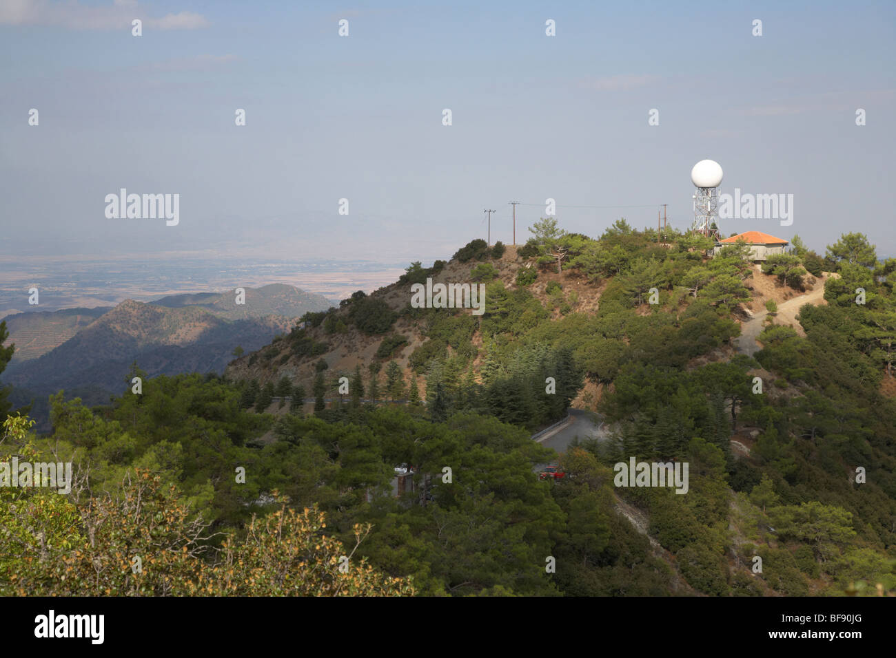 Greek cypriot military base and weather station on the mountain top of throni mountain looking north towards northern cyprus Troodos Stock Photo