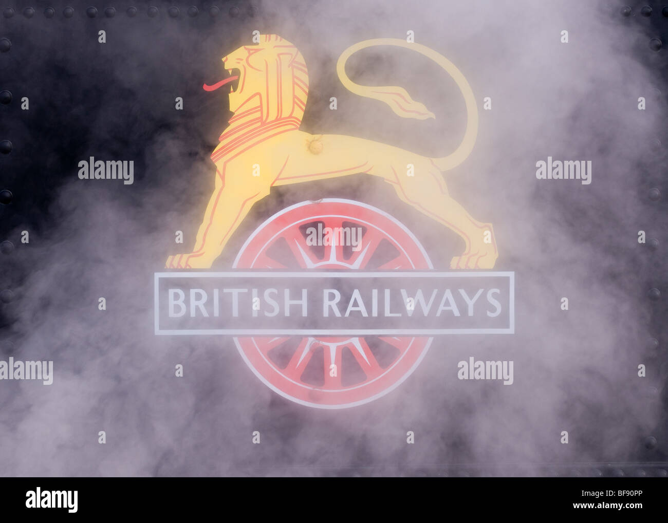 A British Railways Lion logo slightly obscured by steam Stock Photo