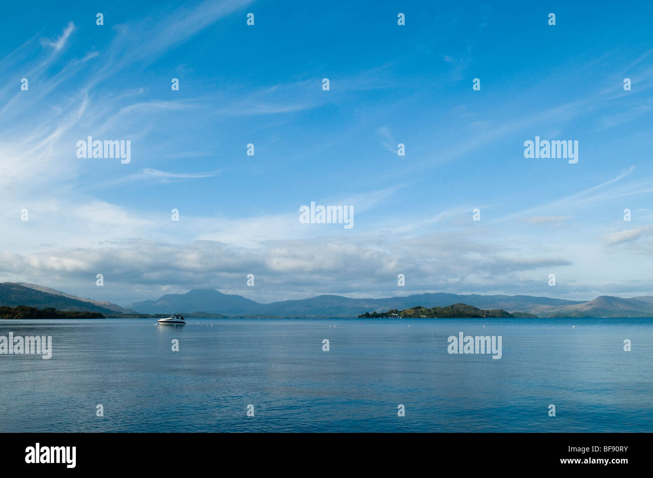 View across Loch Lomond towards Ben Lomond and the Isle of Inchmurrin from Lomond Castle Stock Photo