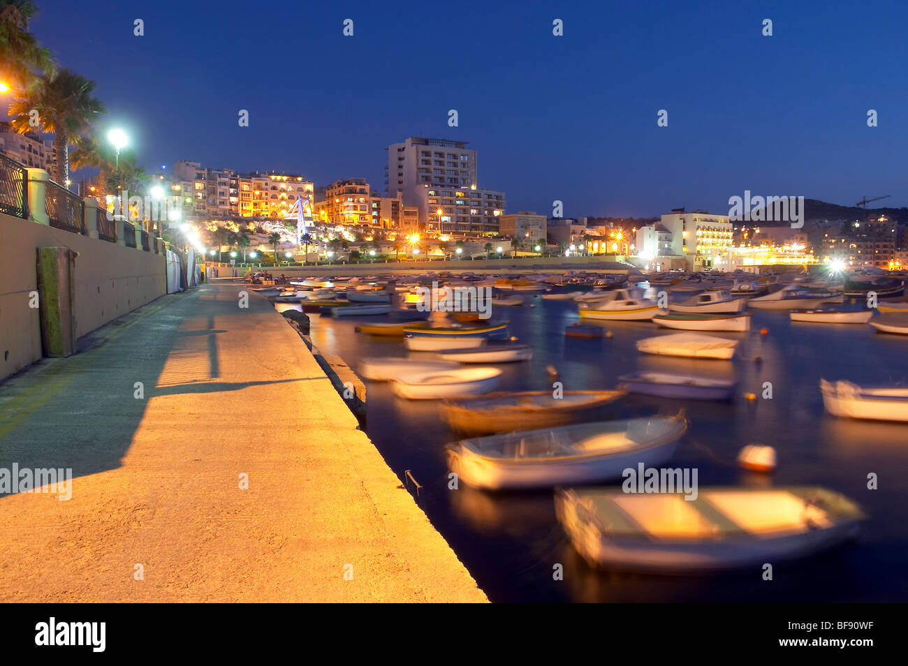 Bugibba is a small town and resort on St Paul's Bay near Qawra. It has an attractive harbour. Malta. Stock Photo
