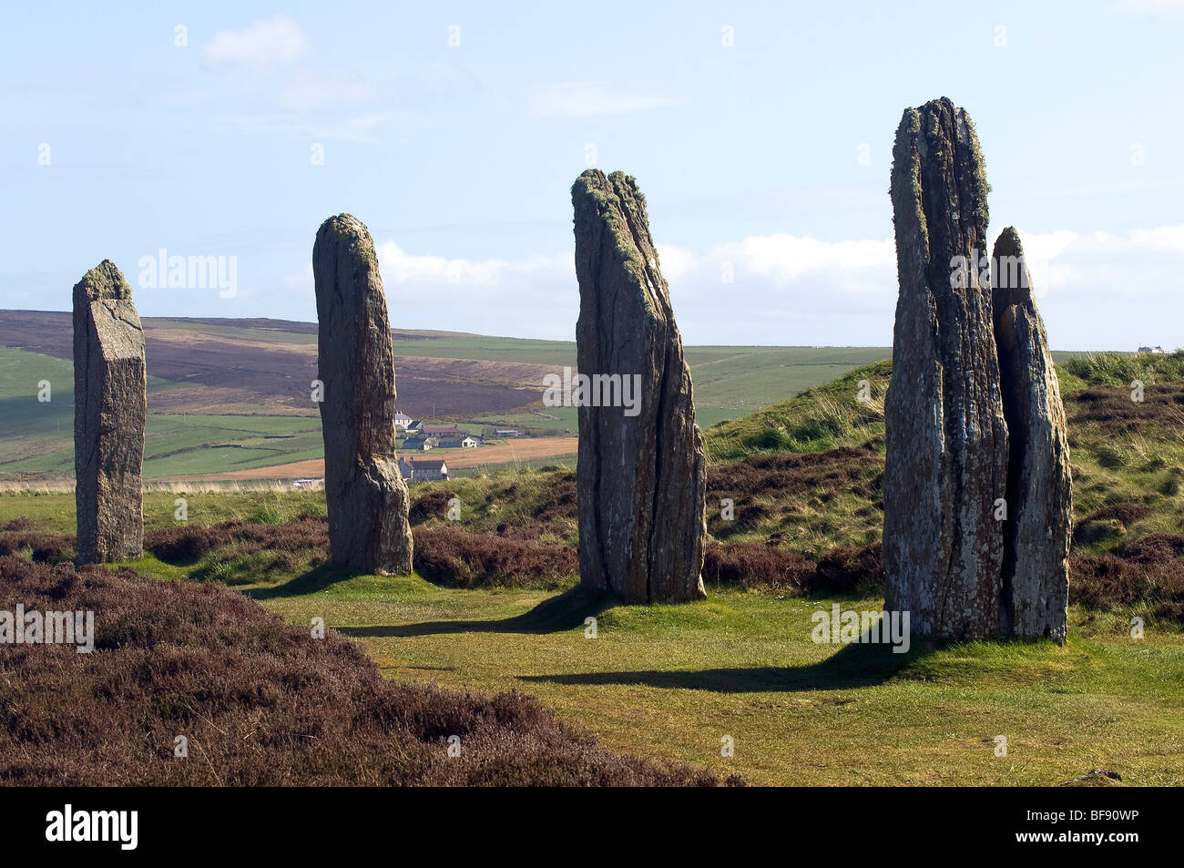 The Standing Stones o' Stenness. Henge. Stone circle. Tall upright megaliths. Stenness. Scotland. Stock Photo