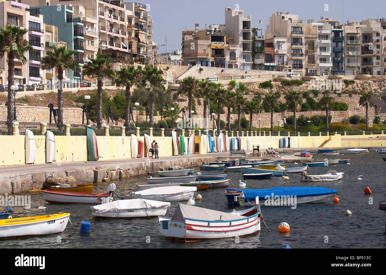 Bugibba is a small town and resort on St Paul's Bay near Qawra. It has a protected harbour. Malta. Stock Photo