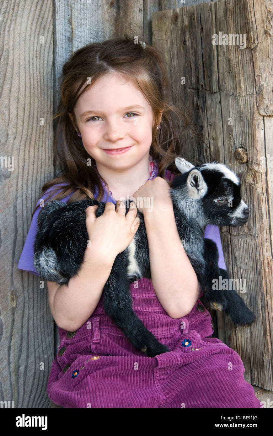 Cute young farm girl holding a newborn baby goat. Stock Photo