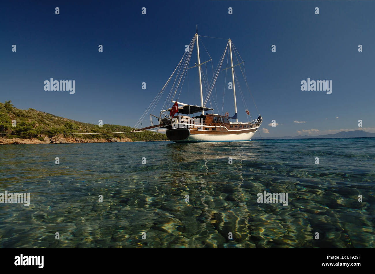 wooden sailboat at the Bodrum coast,Turkey Stock Photo