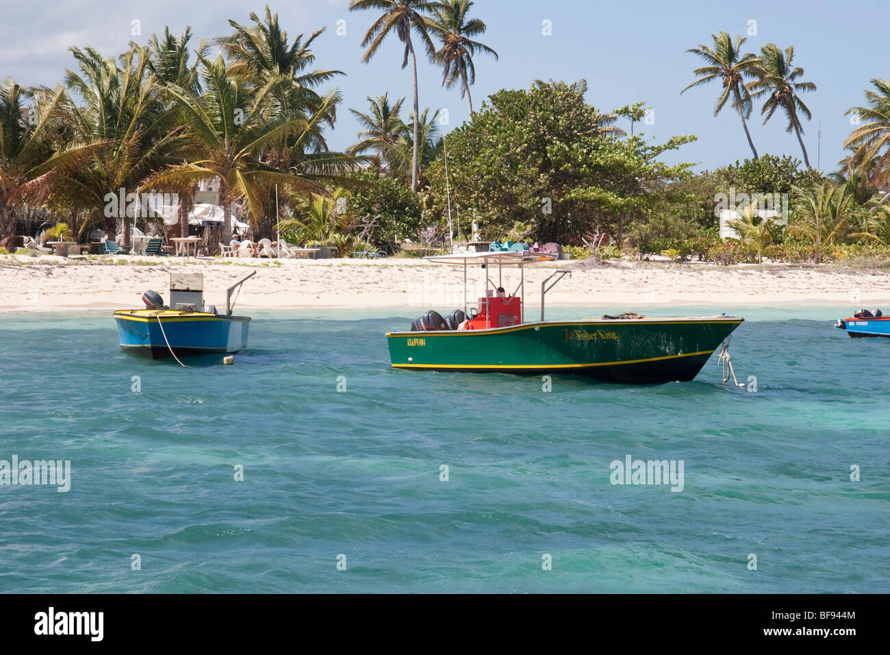 Moored fishing boats and the beach at Island Harbor, Anguilla Stock