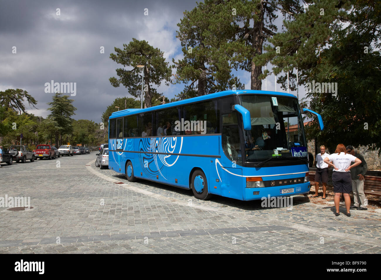 tour bus parked in troodos square republic of cyprus europe Stock Photo