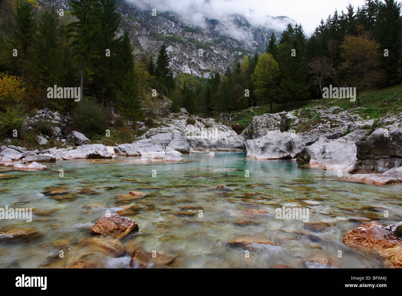 River Soca in Slovenia in fall Stock Photo