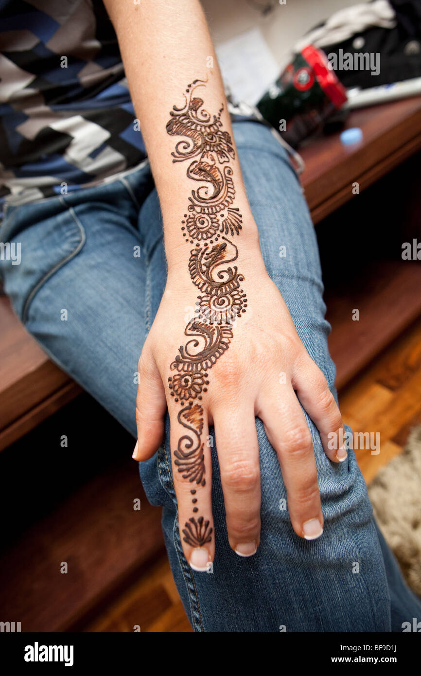 Henna on a girls hand Stock Photo