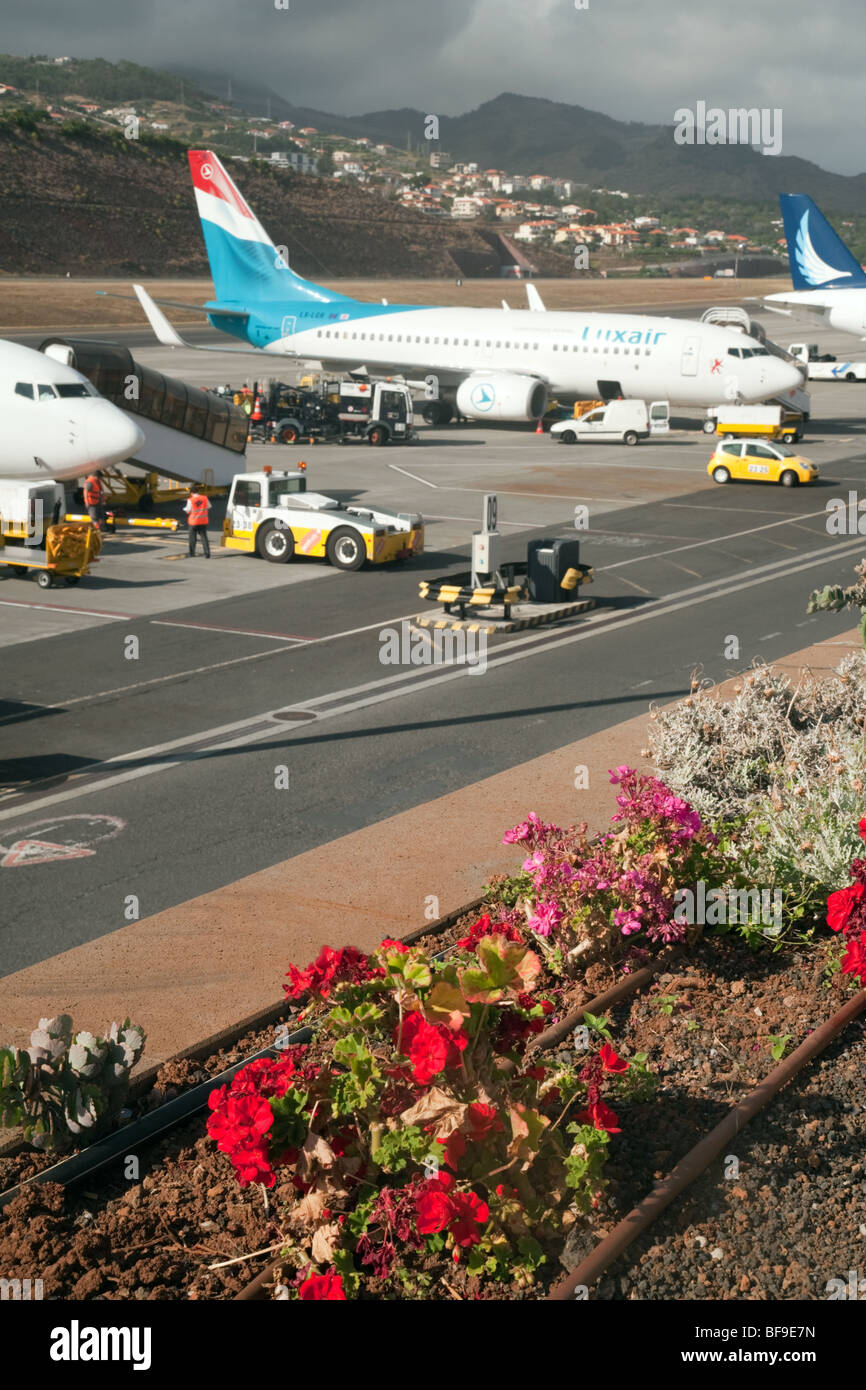 A Luxair plane on the tarmac, Funchal airport, Funchal, Madeira Stock Photo