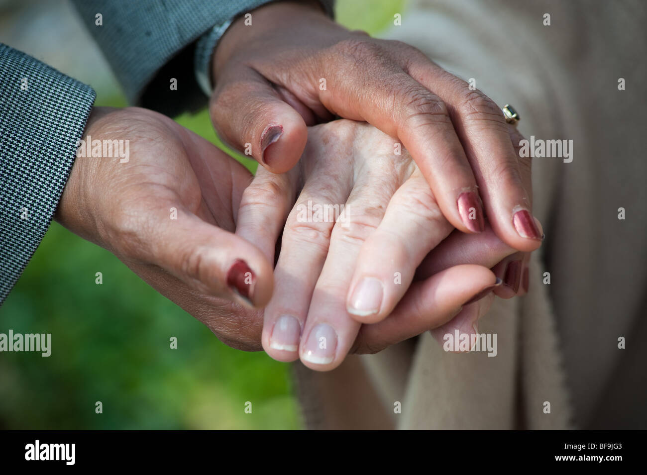 Young african american hands holding older caucasian hand Stock Photo ...