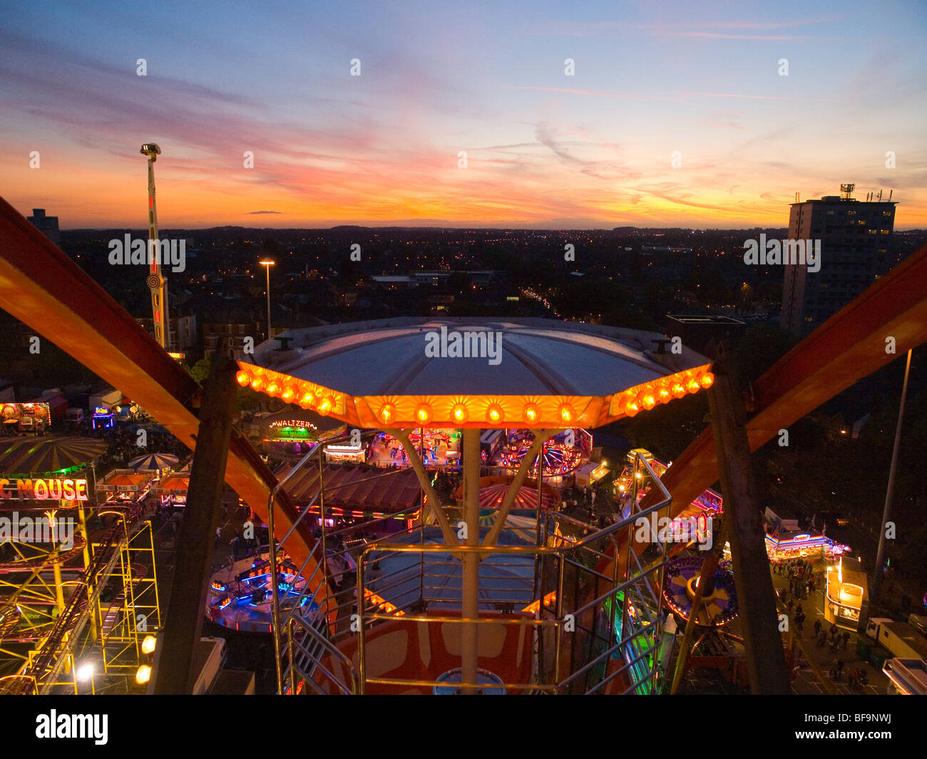 A view of the sunset over Goose Fair from the Big Wheel, Nottingham