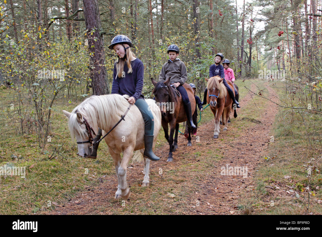 children horseback riding in a forest Stock Photo