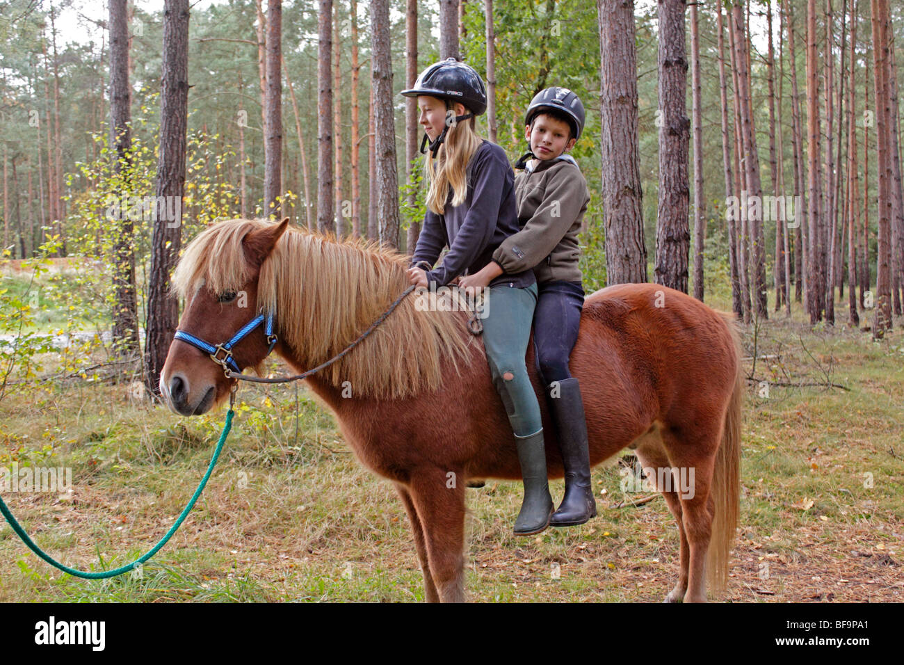 Children Wild Ricing children horseback riding in a forest Stock Photo - Alamy